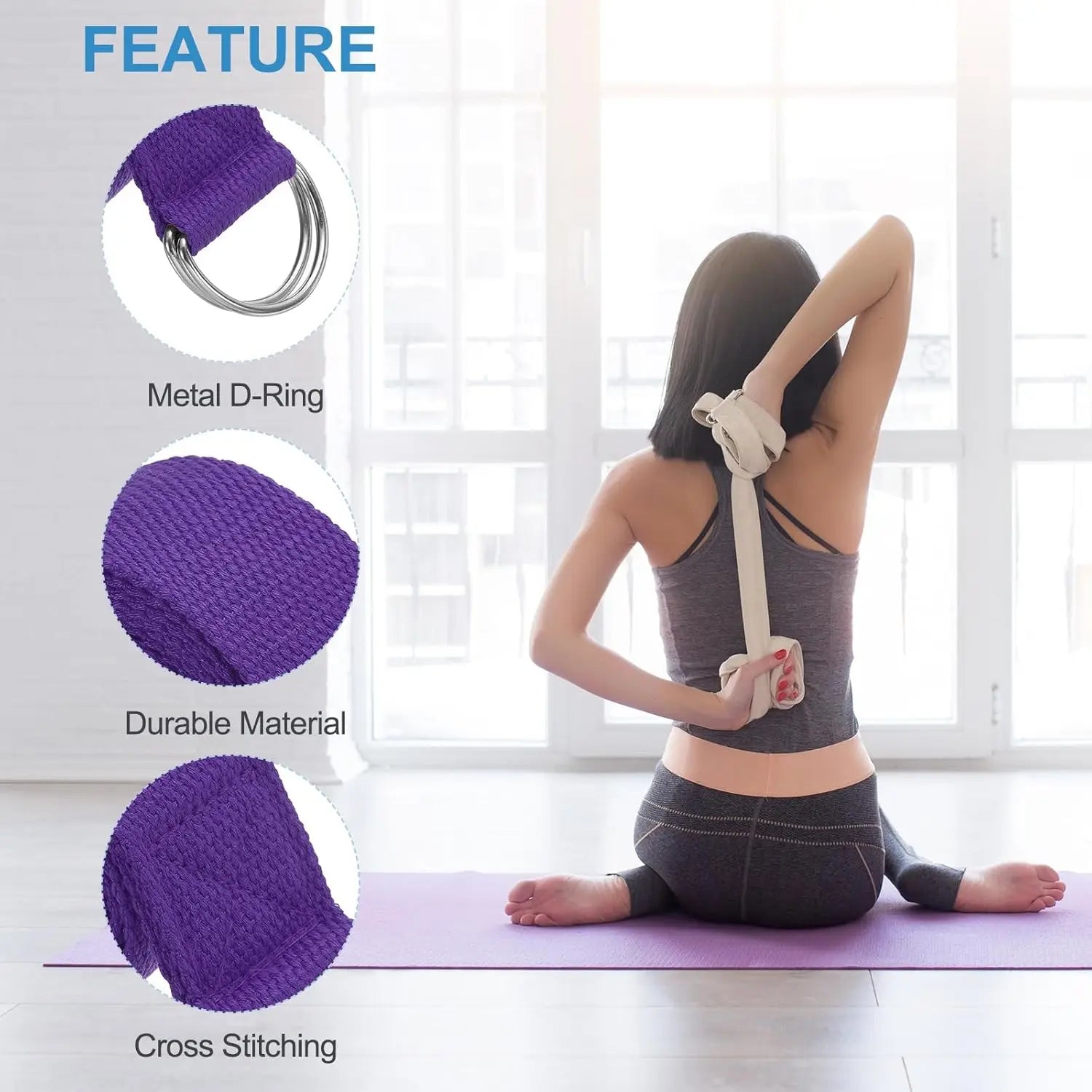 Adjustable Cotton Yoga Strap with D-Ring Buckle for Stretching
