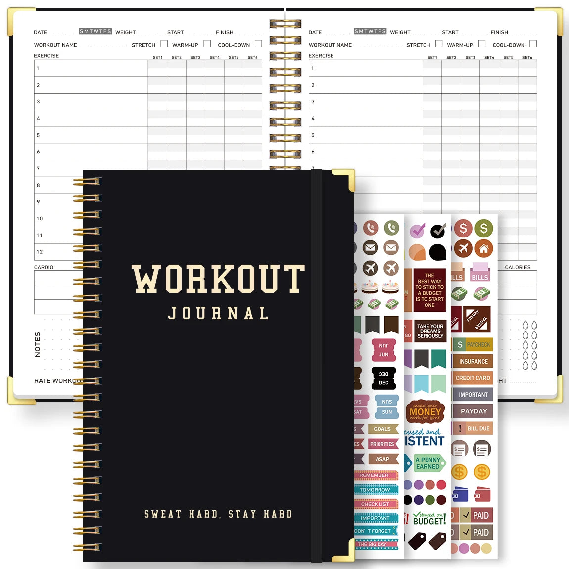 A5 Workout Journal & Fitness Planner - Spiral Gym Log with Stickers