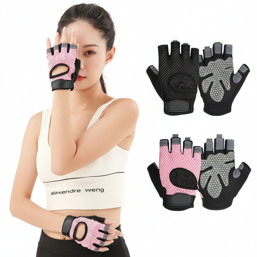 A promotional product image for workout half-finger gloves. A woman is shown wearing pink and black gloves on her arms, with two additional pairs of the gloves displayed on the right against a white background.