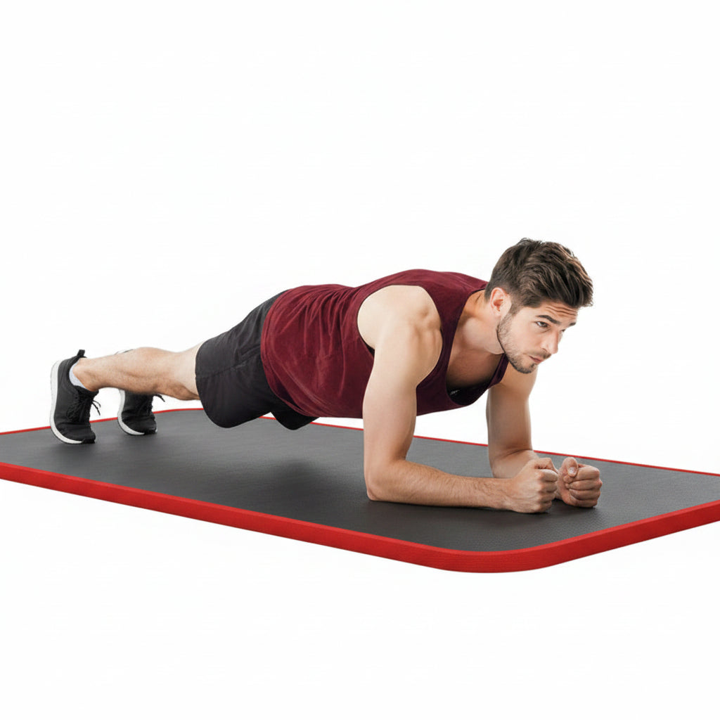 Man doing a plank on a thick exercise mat with dimensions and brand name displayed.