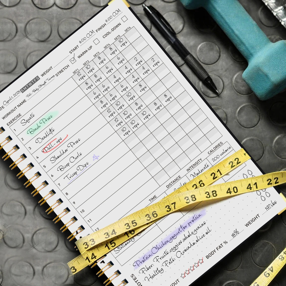 A5 Workout Journal & Fitness Planner - Spiral Gym Log with Stickers